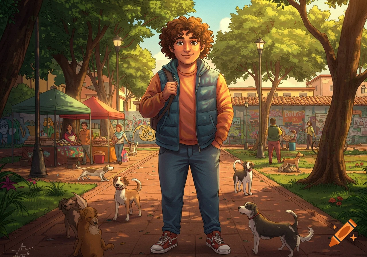 A stylized illustration of a young man with curly hair in a park with several dogs, market stalls, and buildings in the background.