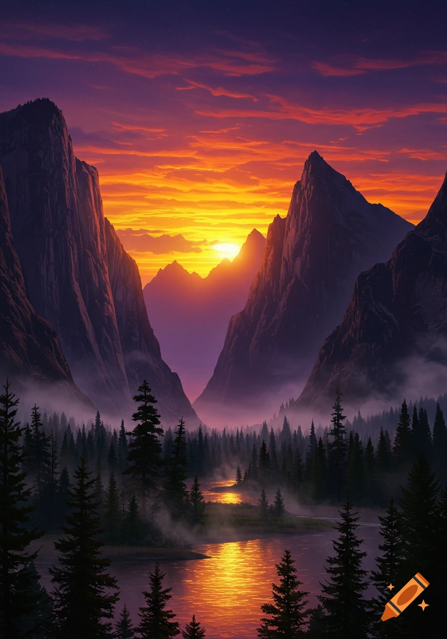 Vibrant sunset over a mountain valley with a winding river