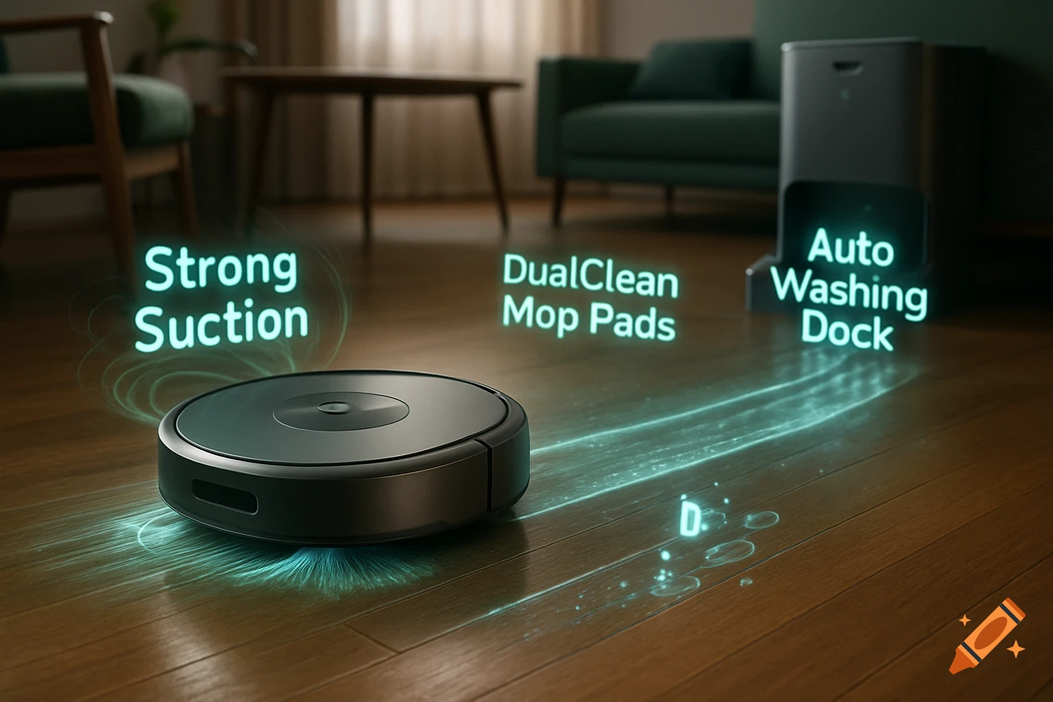 A robot vacuum on a wooden floor in a living room, with glowing text detailing its features: Strong Suction, DualClean Mop Pads, Auto Washing Dock.