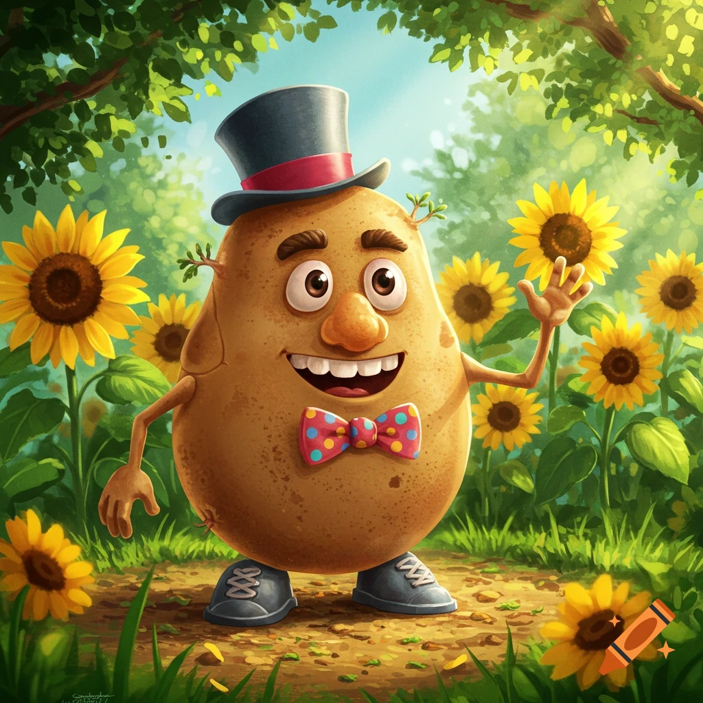 A smiling cartoon potato in a top hat and bow tie waves from a sunny field of sunflowers, in an illustrative style.