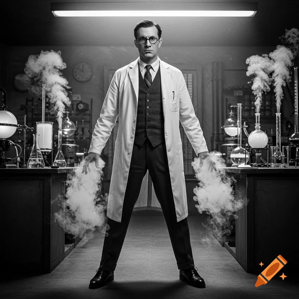 A strange scientist, in a 1950s black and white photo, stands in a lab with smoke emanating from his hands.