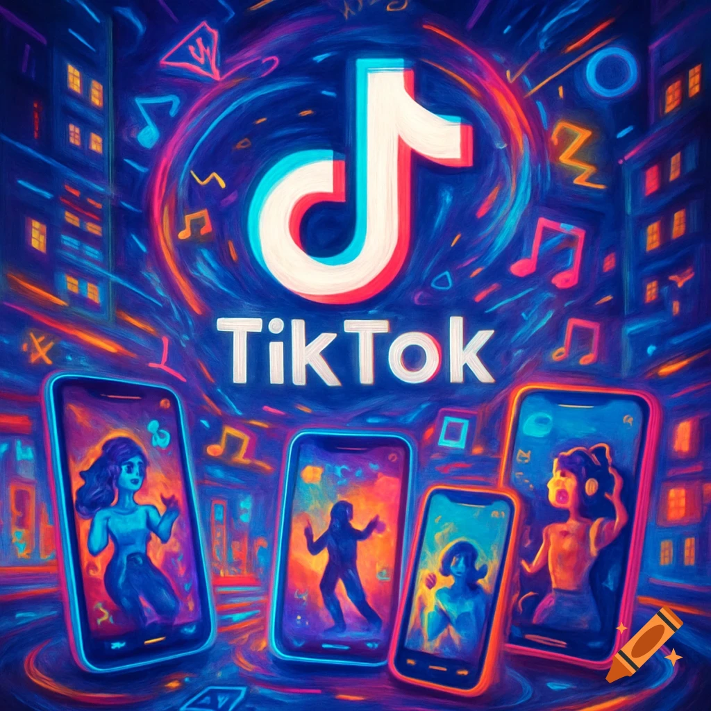 Vibrant neon digital art featuring the TikTok logo and text, surrounded by musical notes, city buildings, and mobile phones displaying stylized dancing figures.
