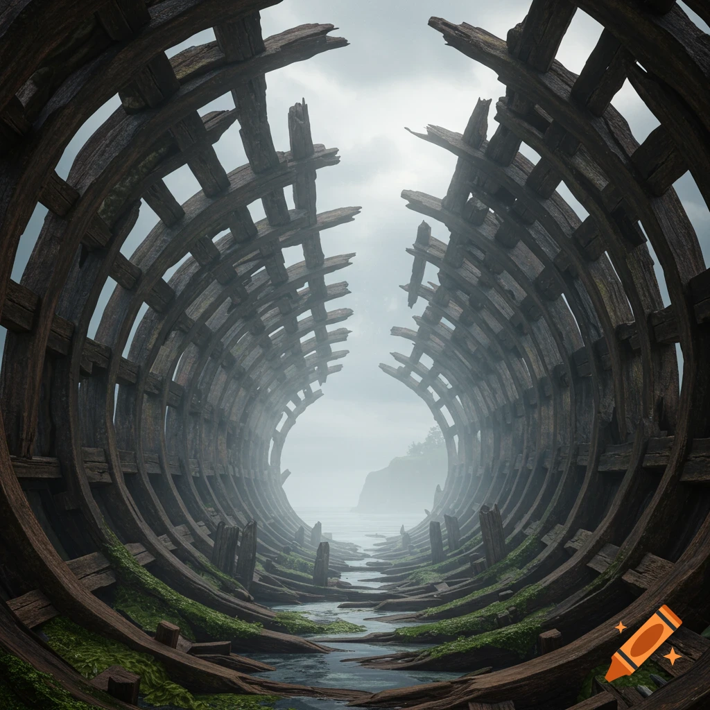 View from inside a massive, weathered wooden shipwreck on a misty coast with water and moss.