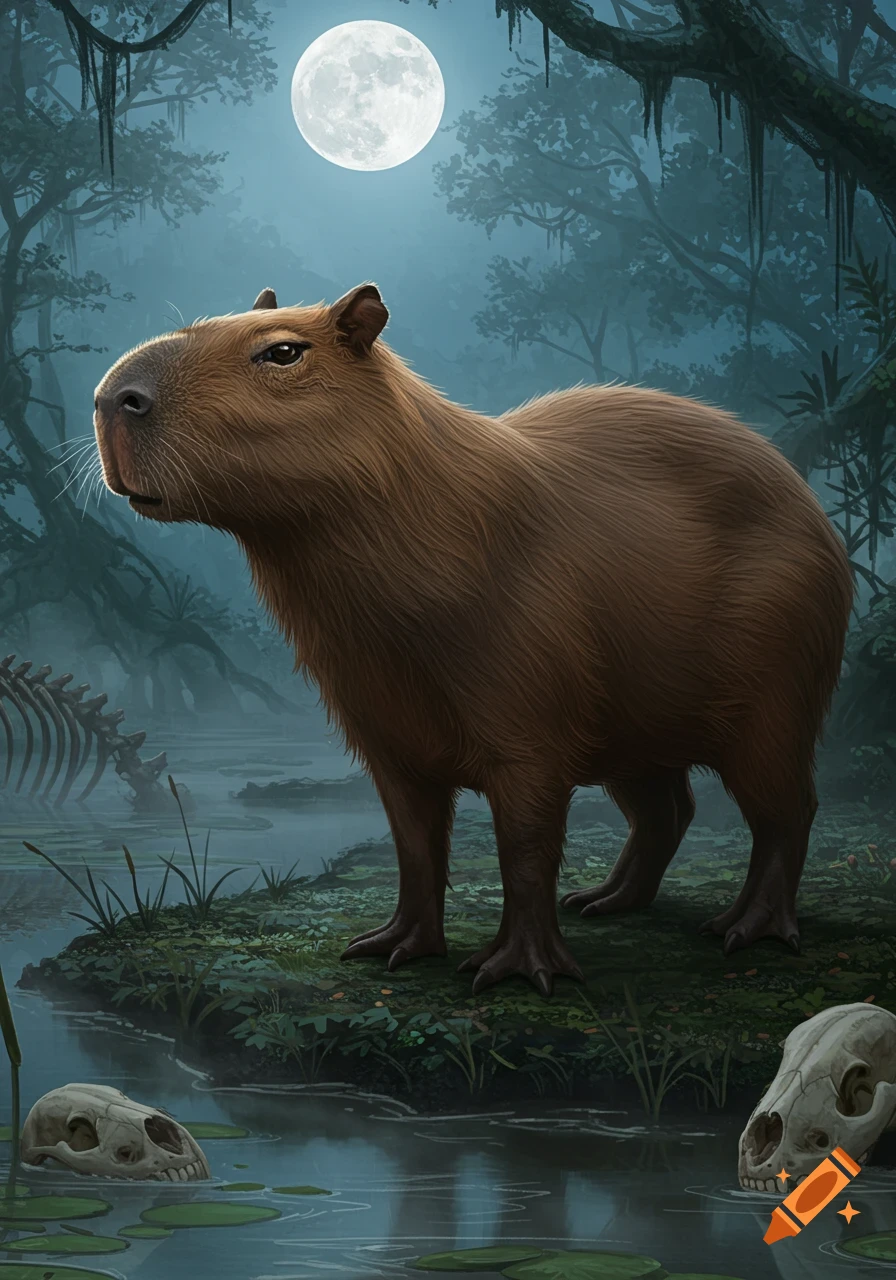 A large, furry capybara stands on a mossy bank in a moonlit, misty jungle swamp with animal skeletons. Realistic digital art.