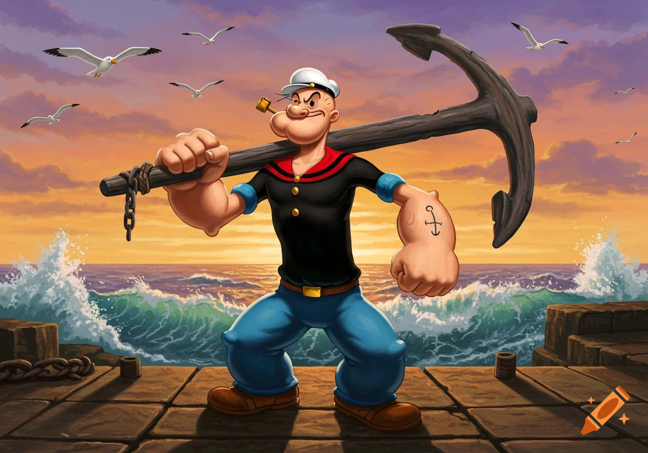 Cartoon illustration of Popeye the Sailor Man standing on a dock with a large anchor over his shoulders, at sunset by the wavy sea.