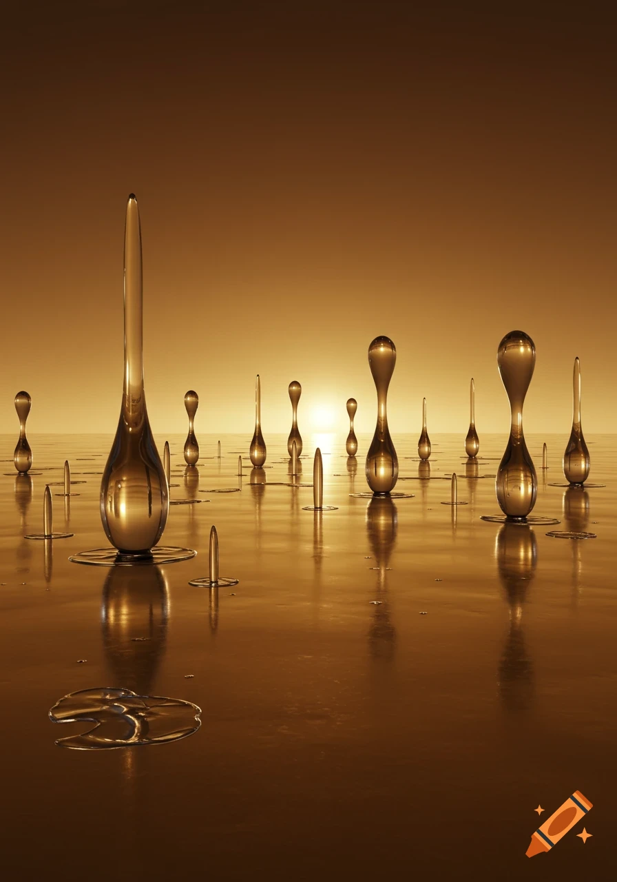An alien landscape with reflective, metallic teardrop-shaped sculptures on a golden liquid surface under a bronze-brown sky with a bright horizon.