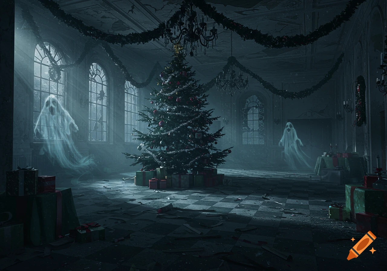 A dark, haunted abandoned mansion room with a decorated Christmas tree and two translucent ghosts floating near the windows.