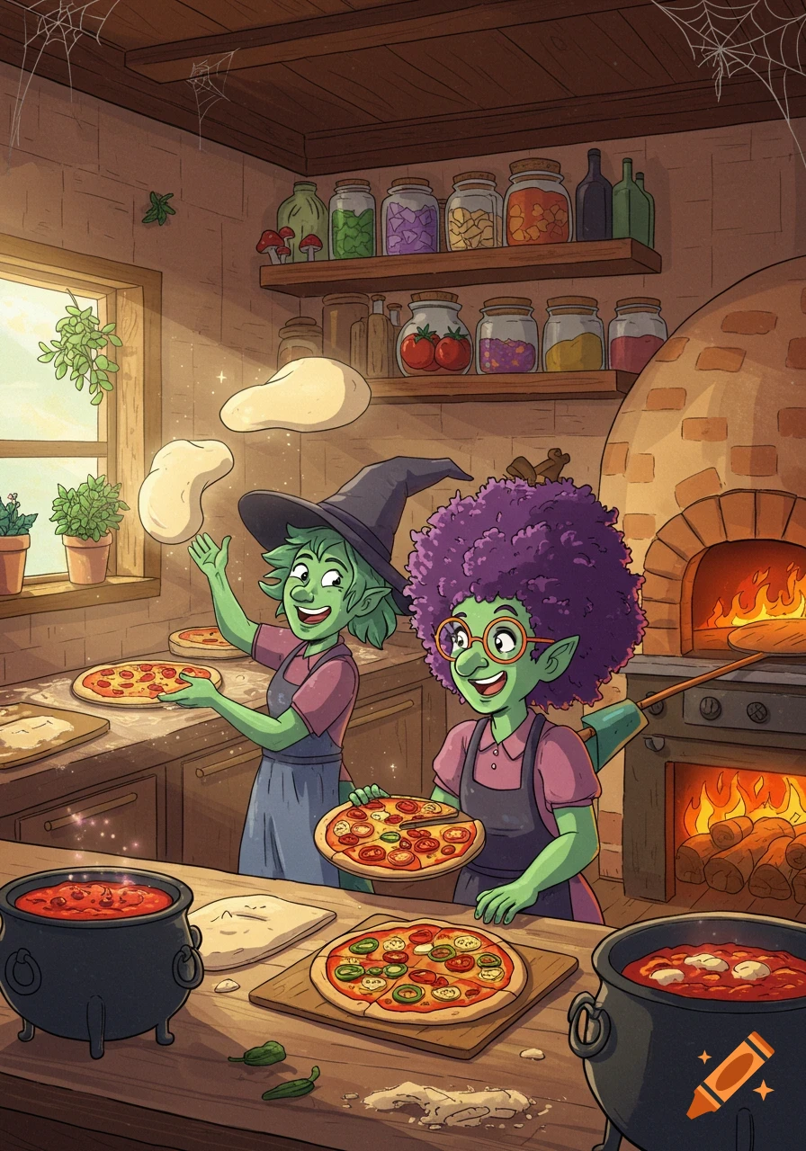 Two green-skinned witches making pizzas in a cartoony witch kitchen with a brick oven.