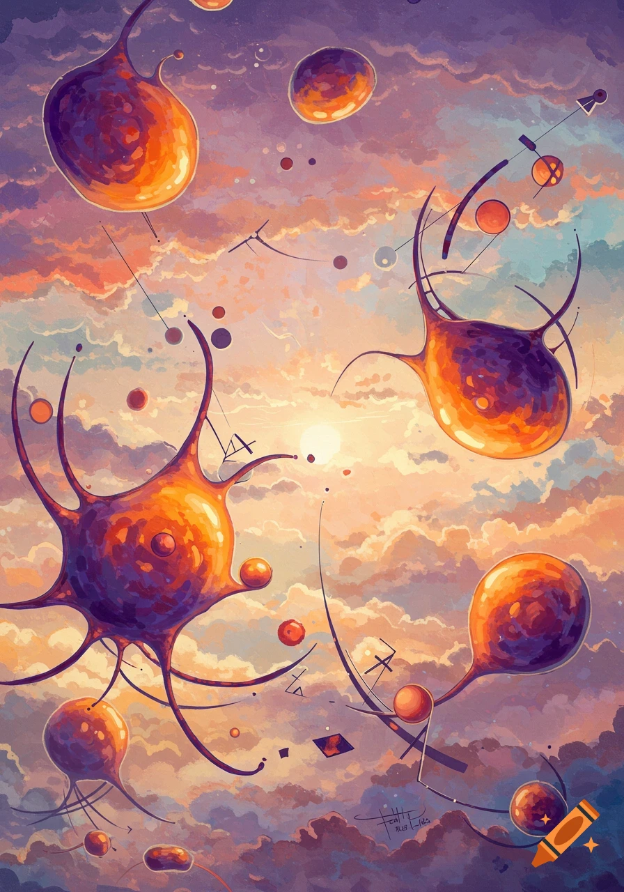 Abstract painting of glowing orange and purple amoeba-like shapes floating in a sunset sky with clouds, in a Kandinsky-esque style.