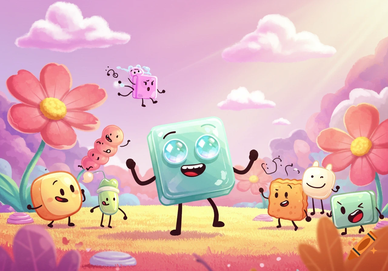 Colorful cartoon characters, including a large teal cube, frolic in a whimsical landscape with giant pink flowers and fluffy clouds.
