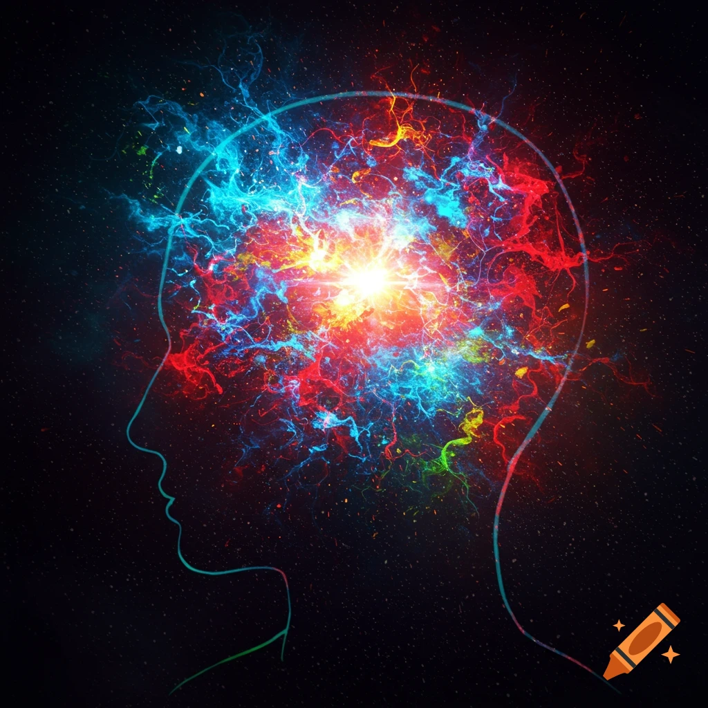 Silhouette of a human head outlined in neon blue, with a vibrant, colorful explosion of energy inside against a dark, starry background.
