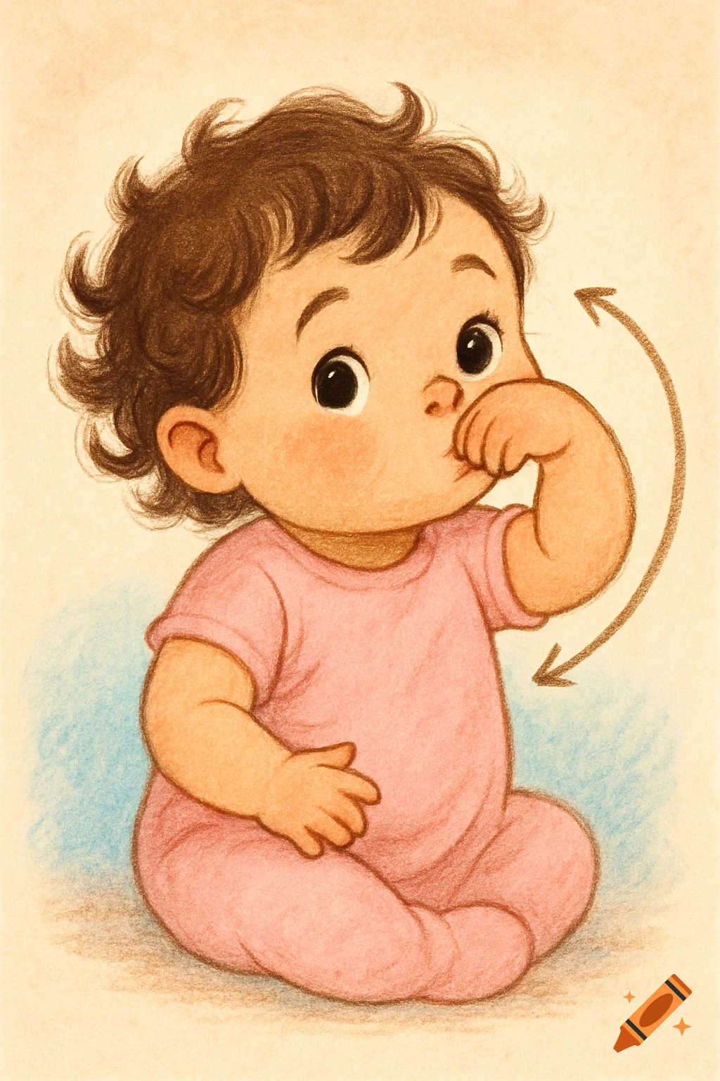 A baby with curly brown hair in a pink onesie sits, hand to mouth, with a curved arrow indicating motion, in a children's book style illustration.