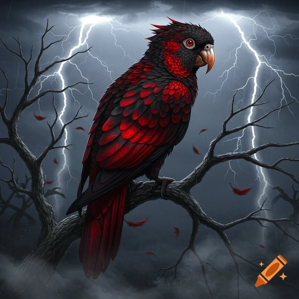 A red and black vampire parrot with fangs perches on a gnarled tree branch during a stormy night with lightning.