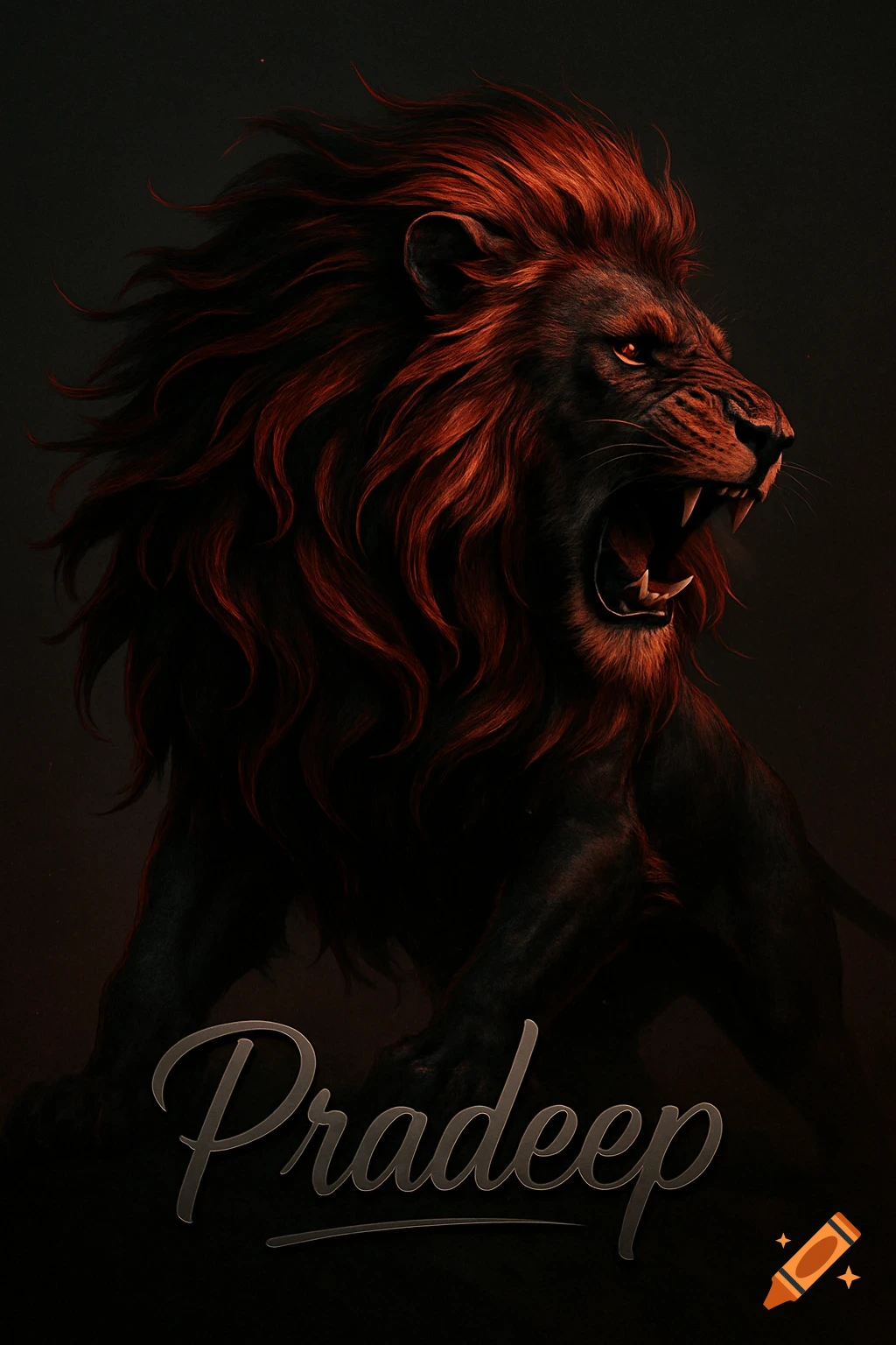 A powerful, dark lion with a fiery red-orange mane roars, with the name 'Pradeep' in script below.