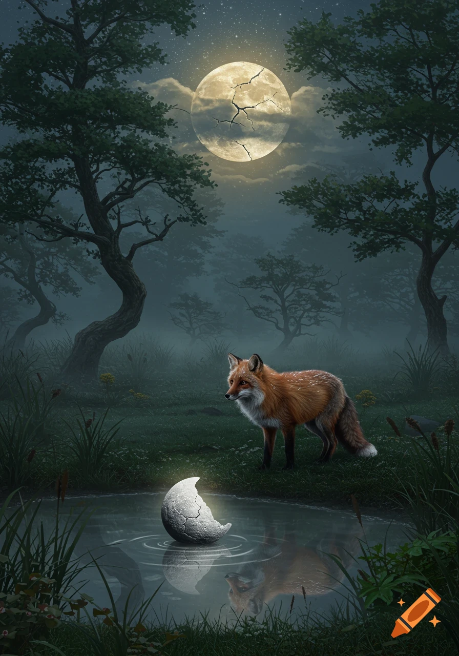A red fox in a misty fantasy forest looks at a glowing, cracked moon shard in a pond under a full cracked moon at night.