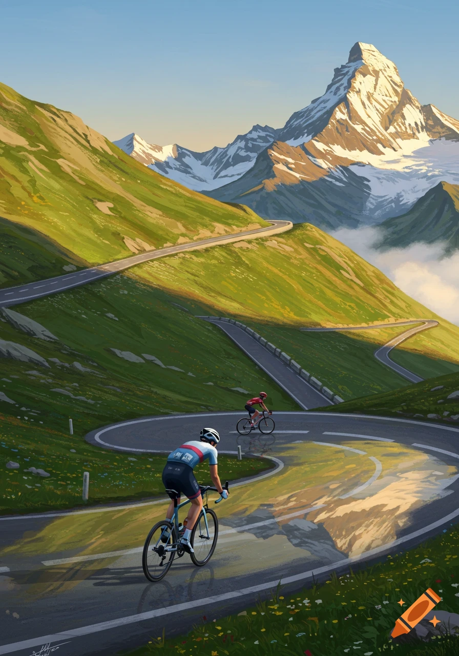 Two cyclists ride on a winding mountain road through green hills, with a snow-capped peak and clouds in the background, in a digital painting.