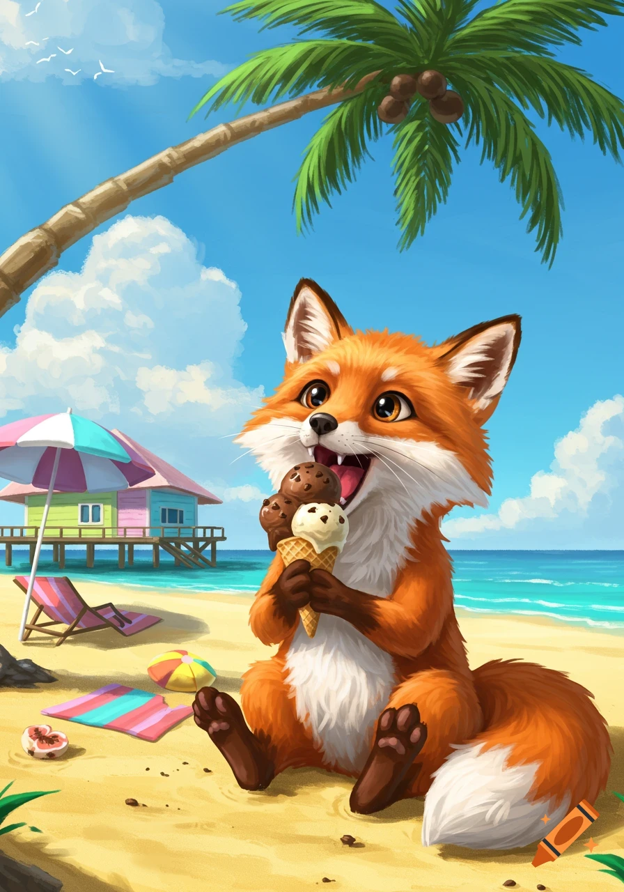 A happy cartoon fox eats a chocolate and vanilla ice cream cone on a sunny beach with a palm tree and colorful beach house.