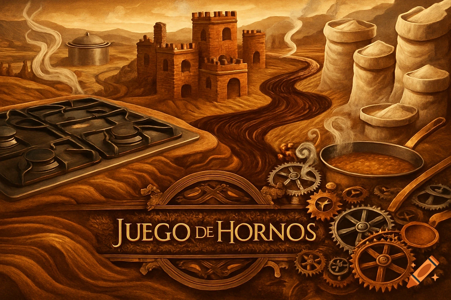 A sepia-toned fantasy painting with a castle, stove, sacks, and cooking pan, featuring the text 'JUEGO DE HORNOS' on a banner.