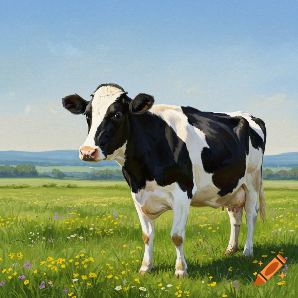 A painting of a black and white cow standing in a vibrant green meadow with yellow and purple wildflowers under a clear blue sky.