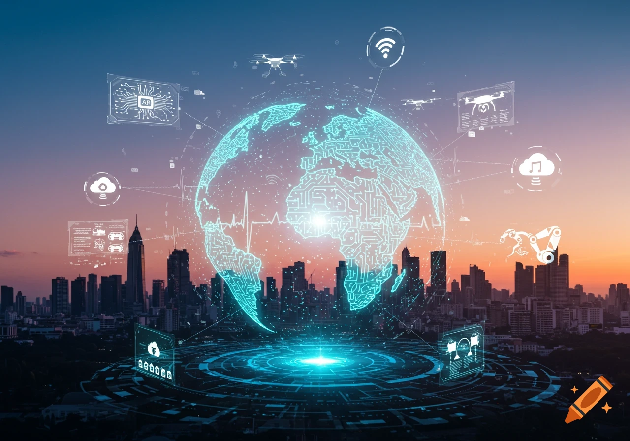 Futuristic cityscape at dusk, featuring a glowing digital globe surrounded by holographic tech icons for AI, drones, and cloud computing.