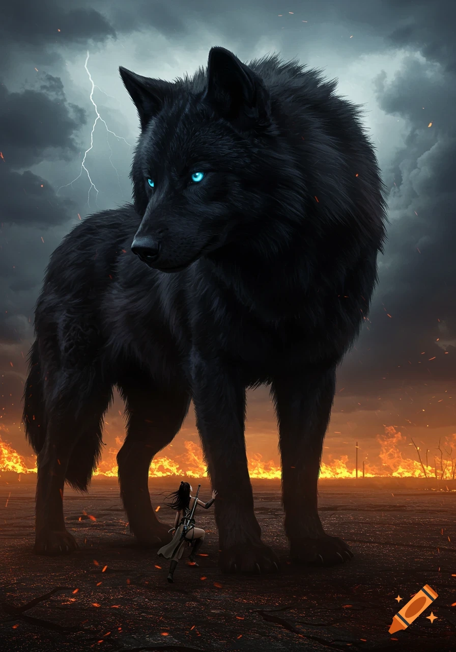 A tiny warrior woman stands before a gigantic black wolf with glowing blue eyes in a fiery wasteland under a stormy sky.