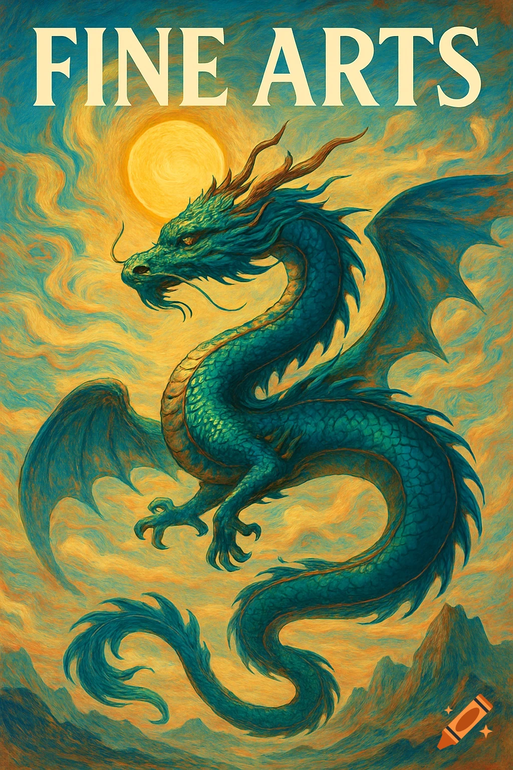 A stylized teal and green dragon with wings soars against an orange sun and swirling sky, above mountains, with 'FINE ARTS' text.