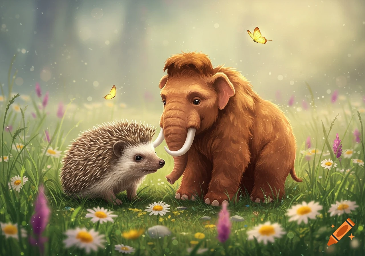 A cute baby hedgehog and baby mammoth stand in a lush green field filled with daisies, purple flowers, and fluttering butterflies, in a whimsical art style.