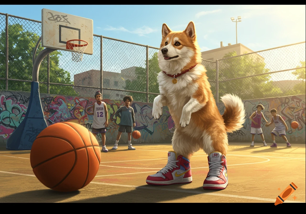 A whimsical illustration of a large corgi dog wearing red and white sneakers, standing on a basketball court with children and a basketball.