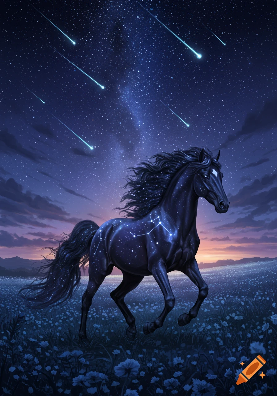 A dark horse with glowing constellations gallops through a field of blue flowers under a starry night sky with shooting stars.