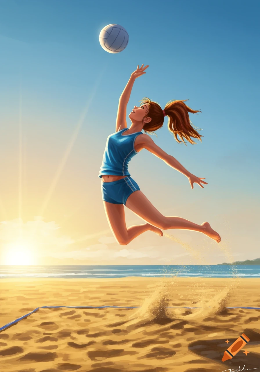 Illustrated girl in blue sportswear jumping to spike a volleyball on a sunny beach, with the ocean in the background.