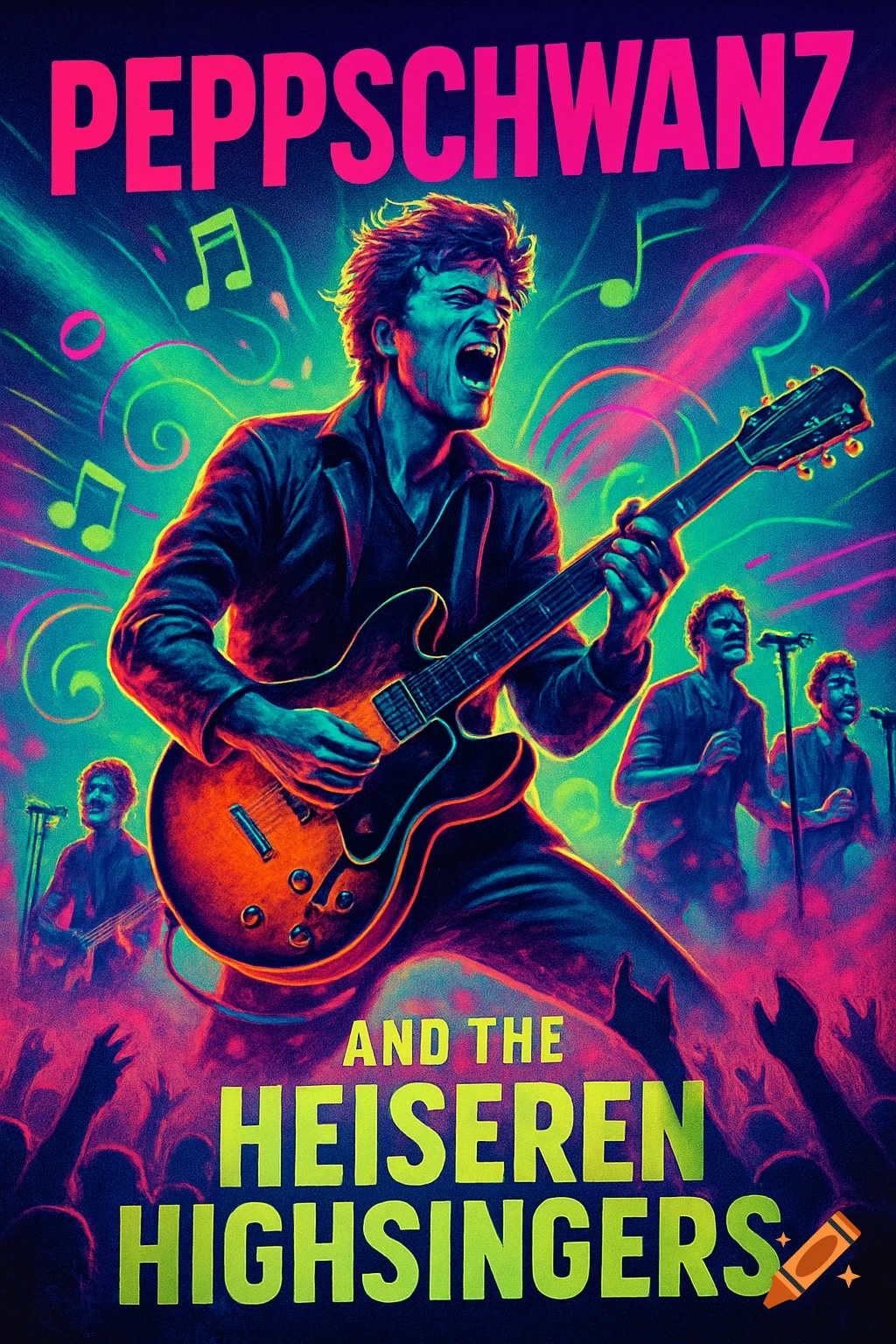 A vibrant neon rock concert poster with a guitarist in the foreground, text reading 'PEPPSCHWANZ AND THE HEISEREN HIGHSINGERS'.