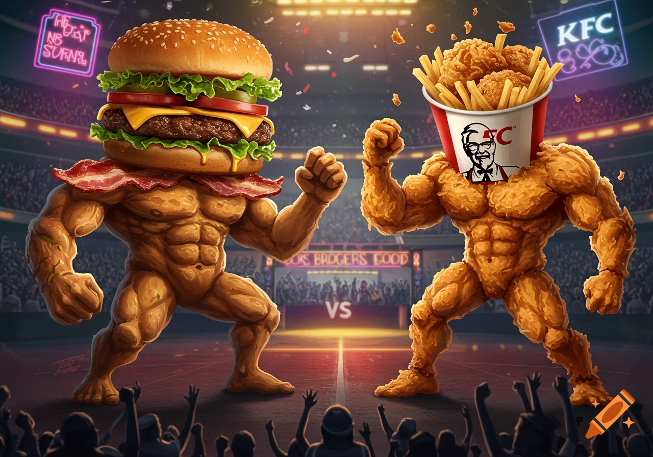 A muscular burger monster and a muscular fried chicken monster face off in a wrestling arena, with a crowd cheering and confetti falling.
