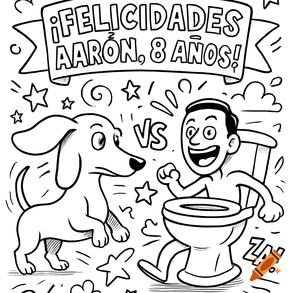 A black and white cartoon coloring page showing a dachshund dog facing a Skibidi Toilet character, with a banner saying "FELICIDADES AARÓN, 8 AÑOS!" and stars.