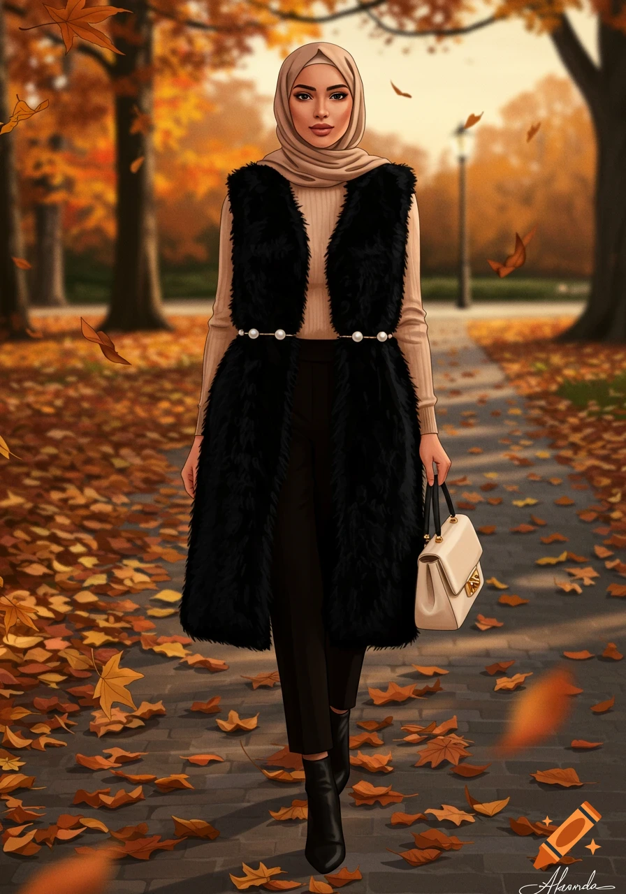 A full-body illustration of a woman in a black furry vest, beige top, black pants, and a hijab, walking through an autumn park.
