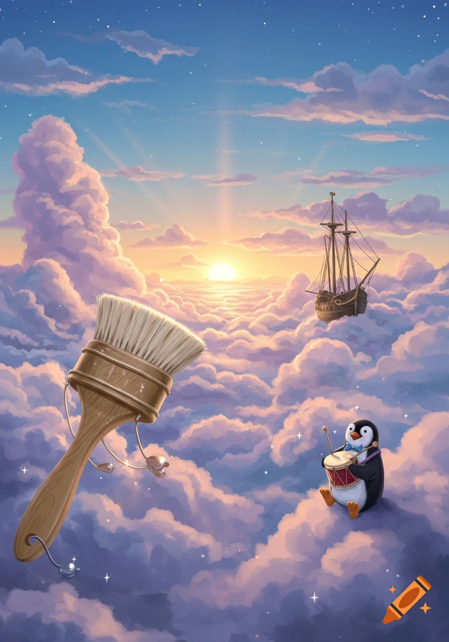 A whimsical illustration of a flying paintbrush, a penguin playing drums on a cloud, and a ship floating above clouds at sunset.
