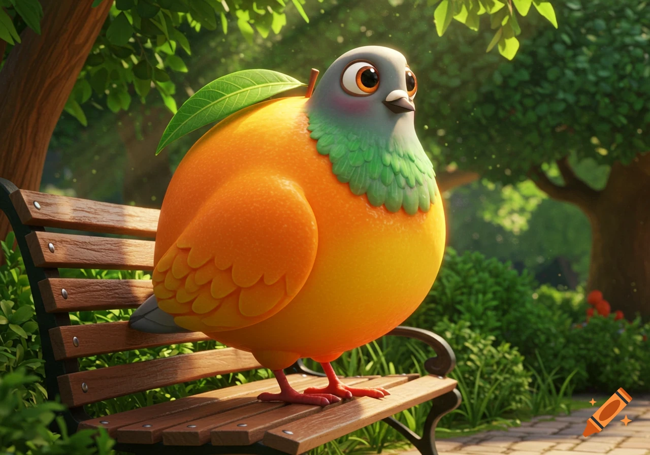 A Pixar-style cartoon bird, with an orange and yellow body like a mango and a green leaf on its back, sits on a park bench.