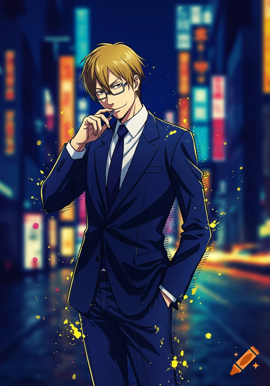 Anime man in a blue suit and glasses holding a pen, posing coolly against a blurry, colorful city night background.