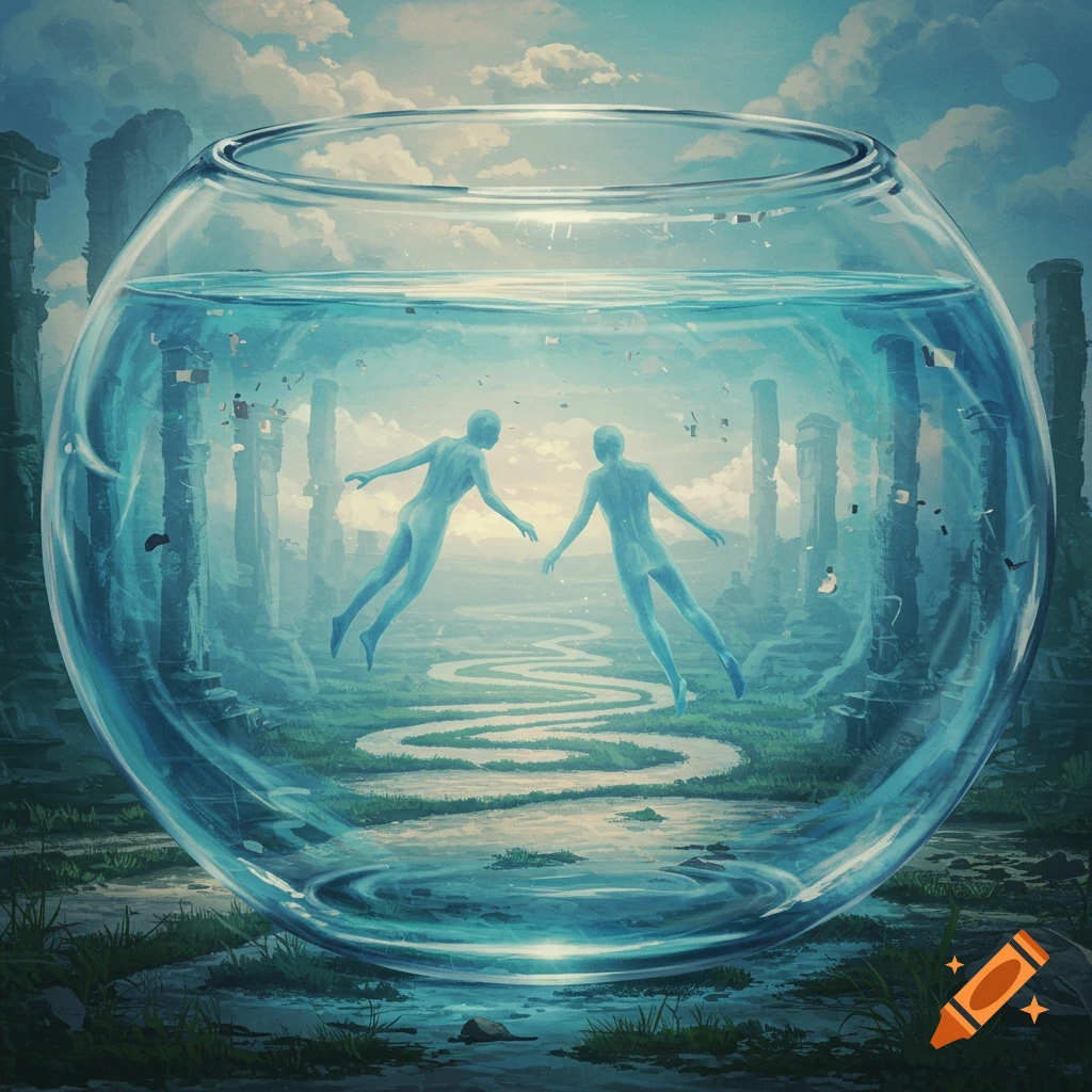 Two ethereal, gender-neutral figures float in a giant fishbowl with water, against ancient ruins and a cloudy sky.