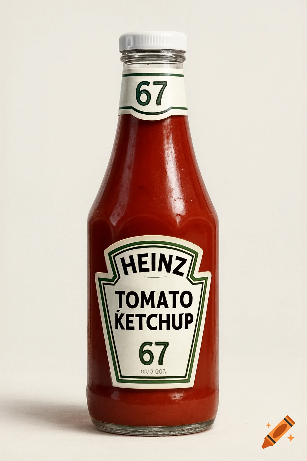 A photorealistic Heinz Tomato Ketchup bottle with '67' on its label, set against a plain white background.