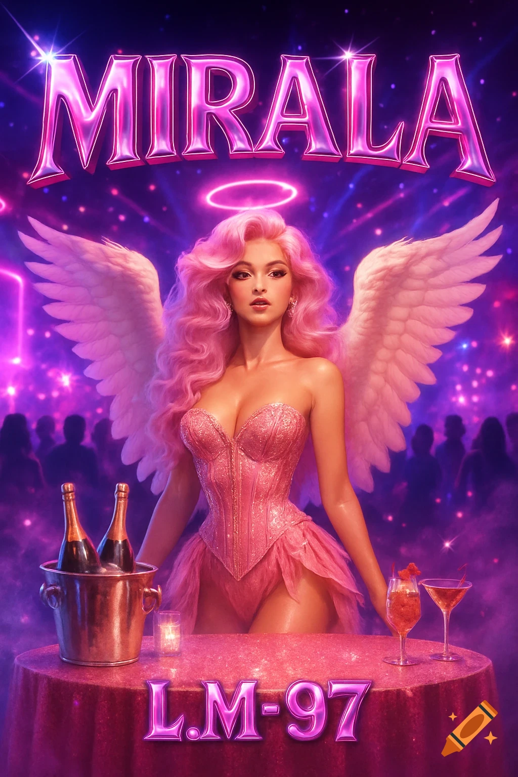 Glamorous pink-haired woman with wings and a halo in a pink corset stands at a VIP table in a neon nightclub, with 'MIRALA' and 'L.M-97' text.