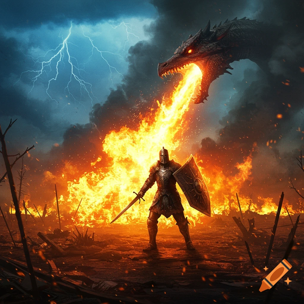 A knight in full armor, with sword and shield, stands in a fiery landscape as a dragon breathes fire at him under a lightning-filled sky.