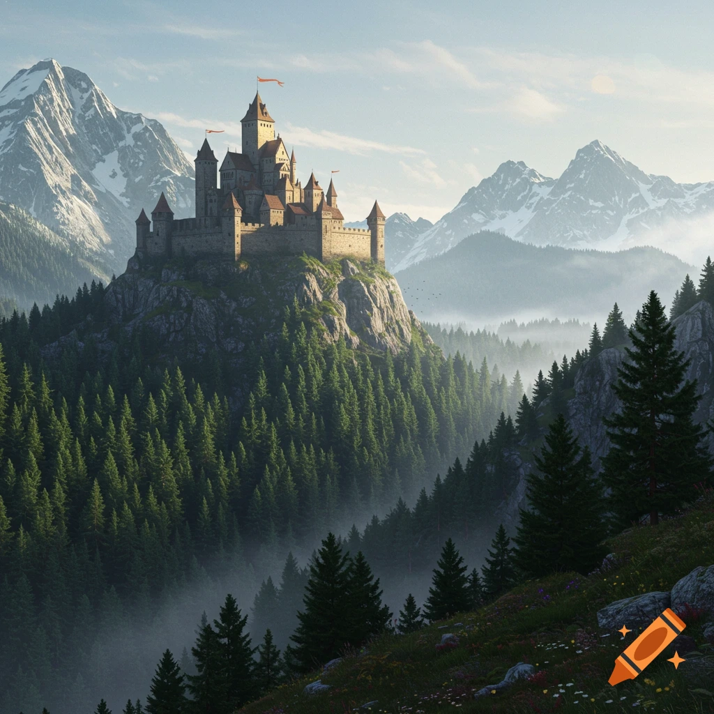 A majestic medieval castle sits atop a rocky, tree-covered mountain, surrounded by dense forests and snow-capped peaks under a bright sky.