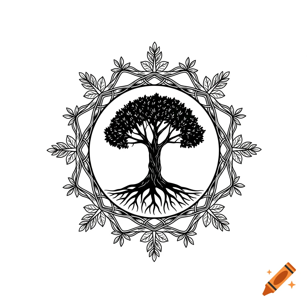 A black and white stylized symbol of a tree of life with roots and leafy branches, enclosed in a circular frame made of interwoven leaves and vines.