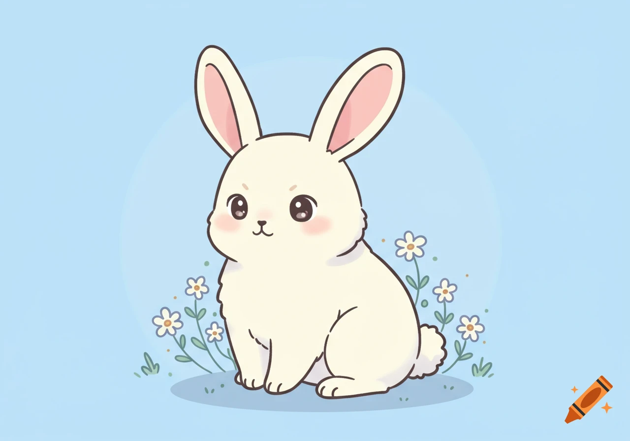 A cute white cartoon bunny with pink ears sits among small white flowers on a light blue background.