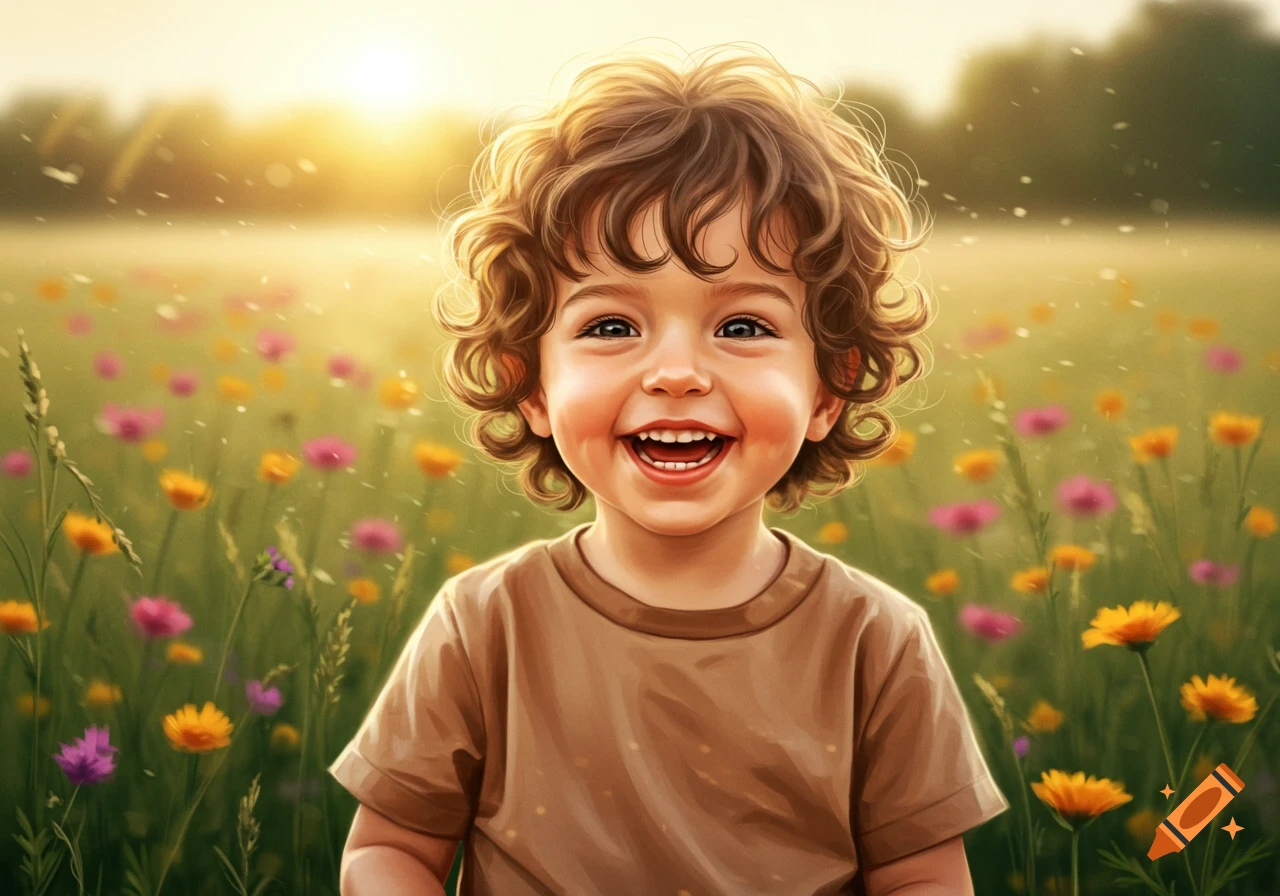Smiling curly-haired child with blue eyes in a sunny field of wildflowers, illustration.