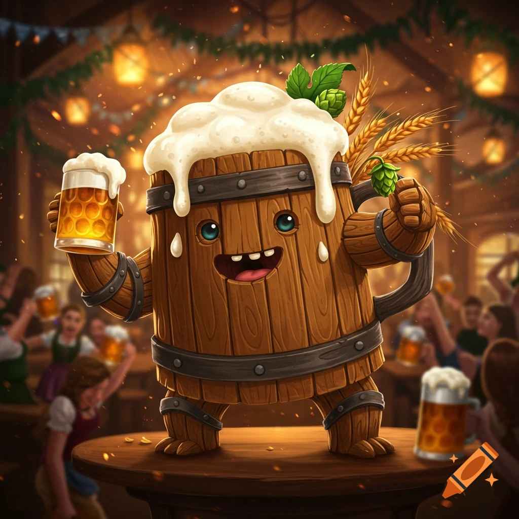A happy cartoon beer barrel monster with a foamy head holds a frothy mug of beer in a lively pub setting, surrounded by blurred people.