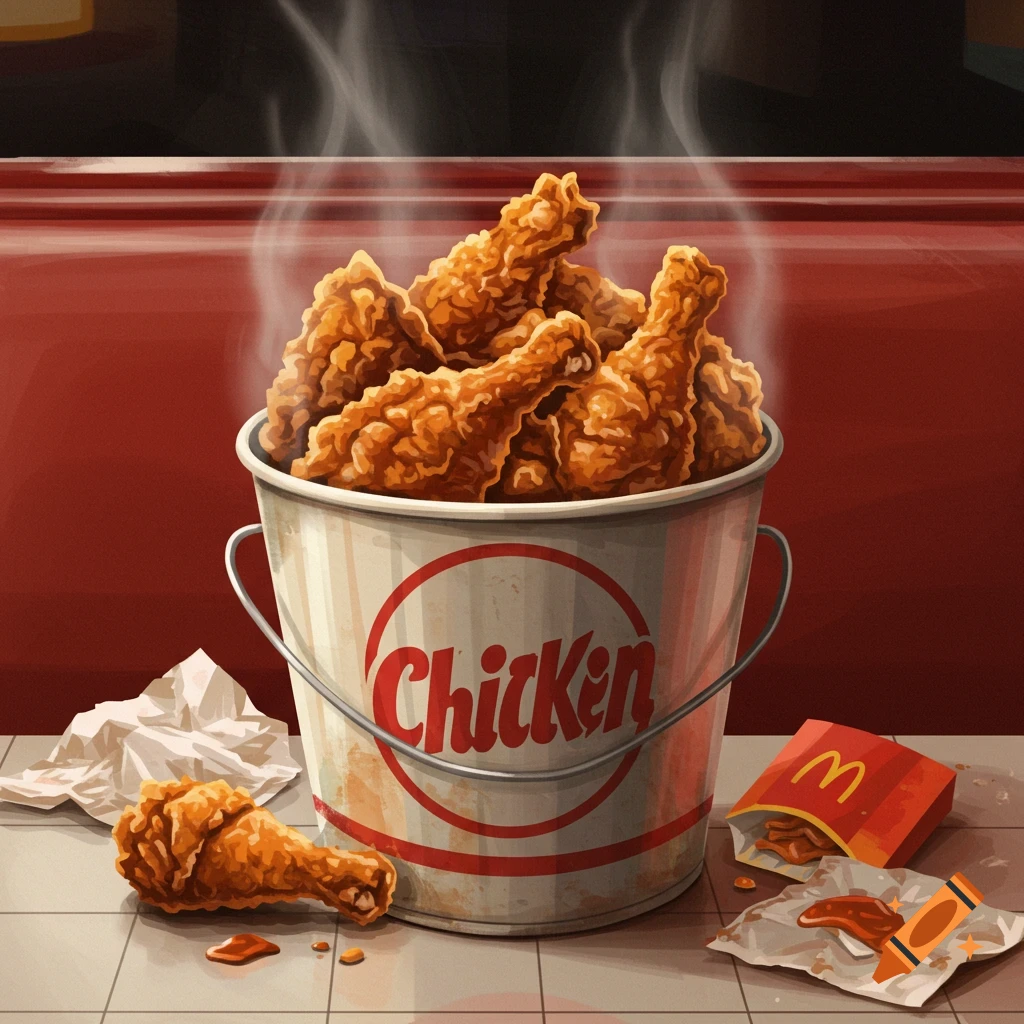 A steaming bucket of fried chicken on a tiled floor with a fallen drumstick, crumpled paper, and a McDonald's fry box.