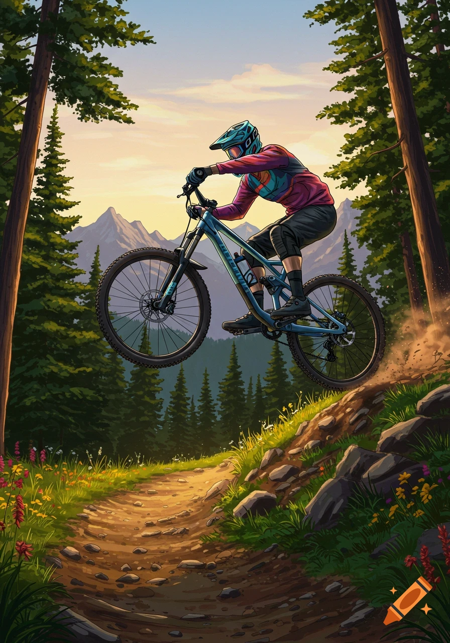 A stylized illustration of a mountain biker jumping on a dirt trail in a dense forest with mountains and a colorful sky.