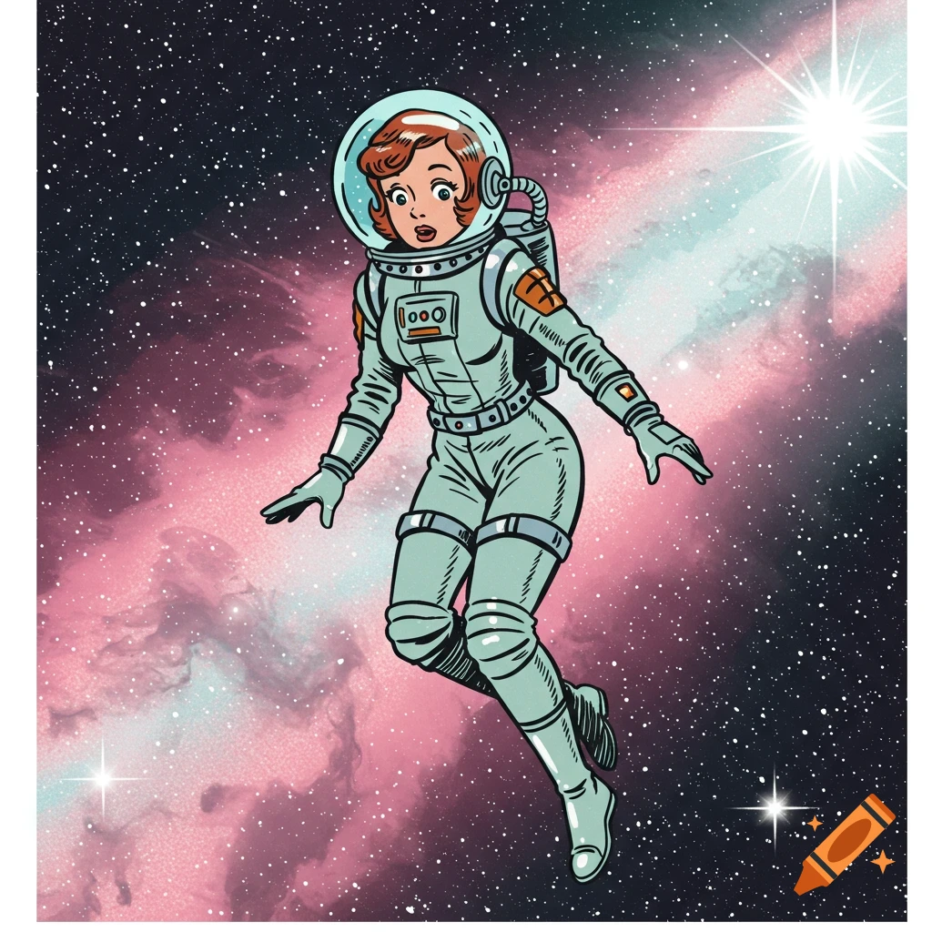 A woman in a retro astronaut suit floats in deep space with pink nebulae and stars, in a comic art style.