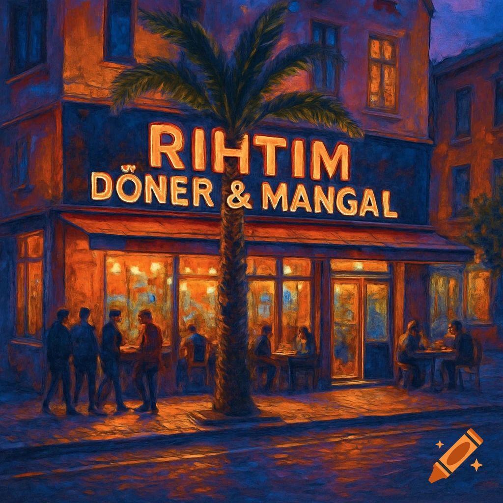 Painterly night scene of a vibrant restaurant with 'RIHTIM DONER & MANGAL' sign, a palm tree, and people on a city street.